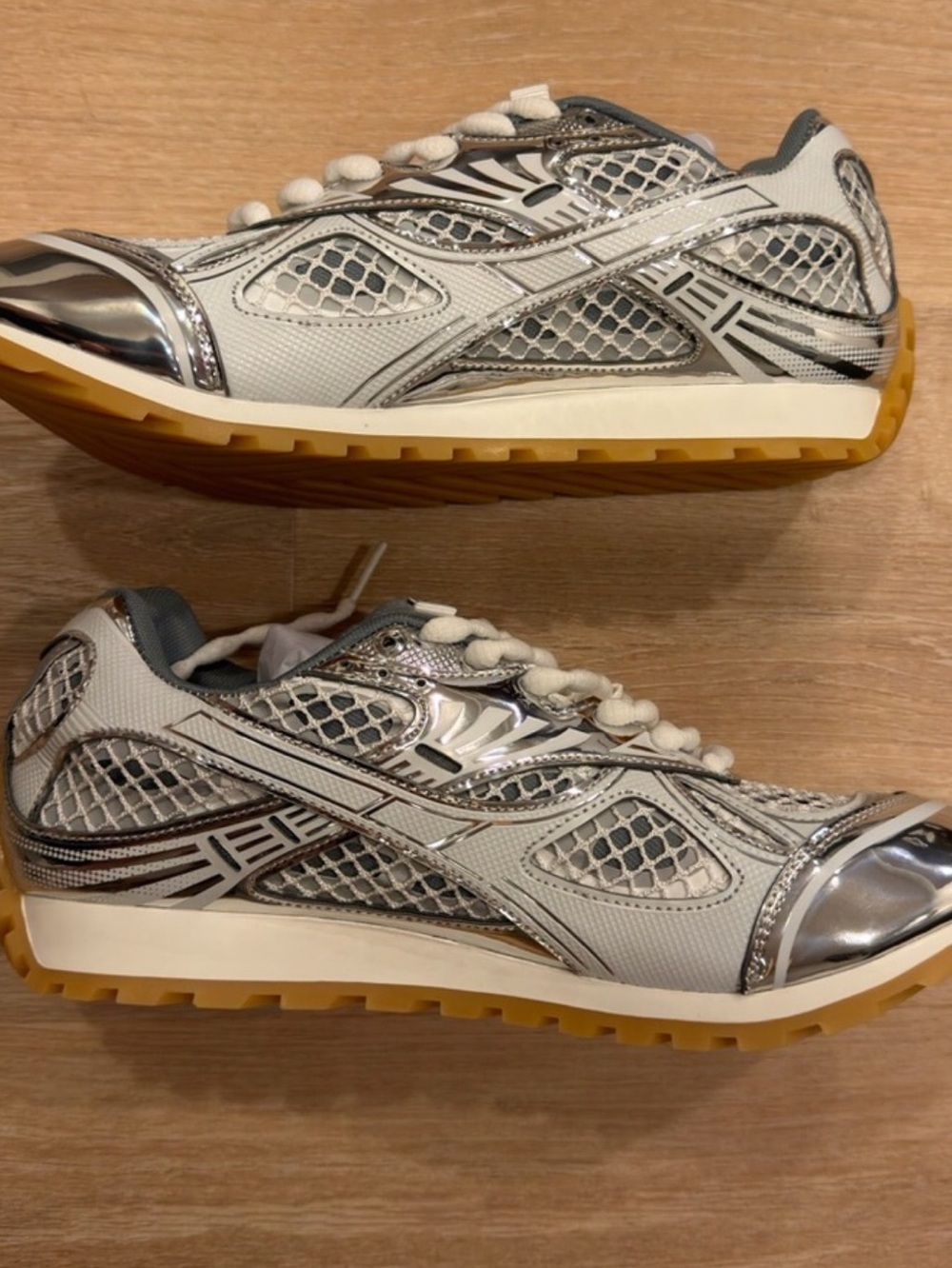 Bottega Veneta White, Gray and Gum Sole Women's Mesh Sneakers - Picture 2 of 4